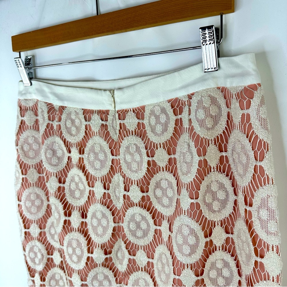Byron Lars Ivory & Blush Pink Knee Length Contrast Overlay Lace Pencil Skirt 12 - Picture 6 of 9
